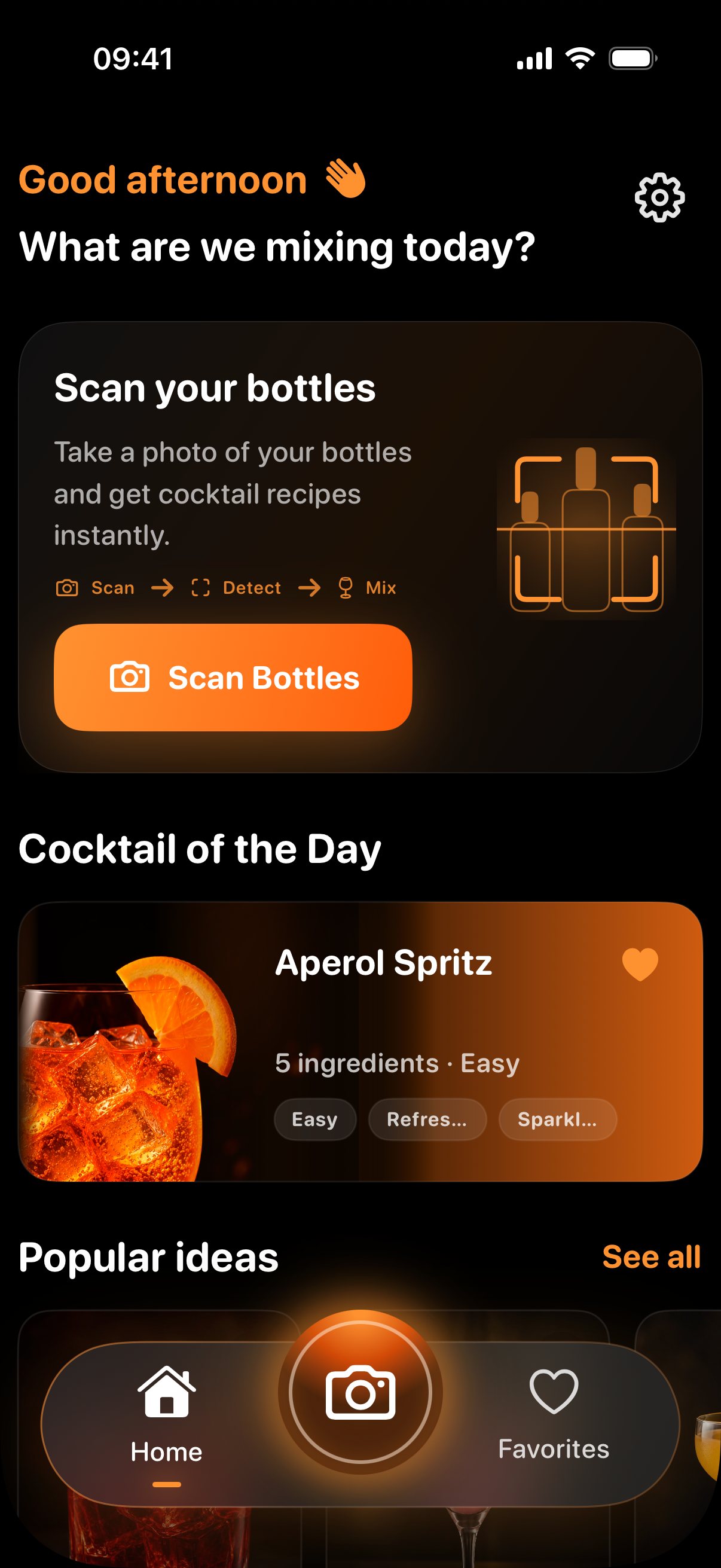 SnapSip home screen with scan card and cocktail ideas.